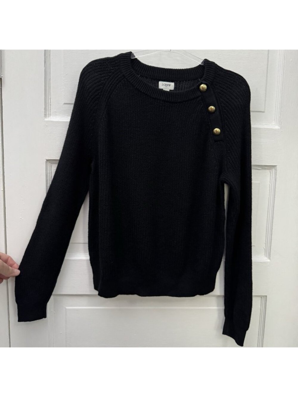 J.Crew Factory Women’s S Black Cotton Button Raglan Crewneck Sweater Gold
